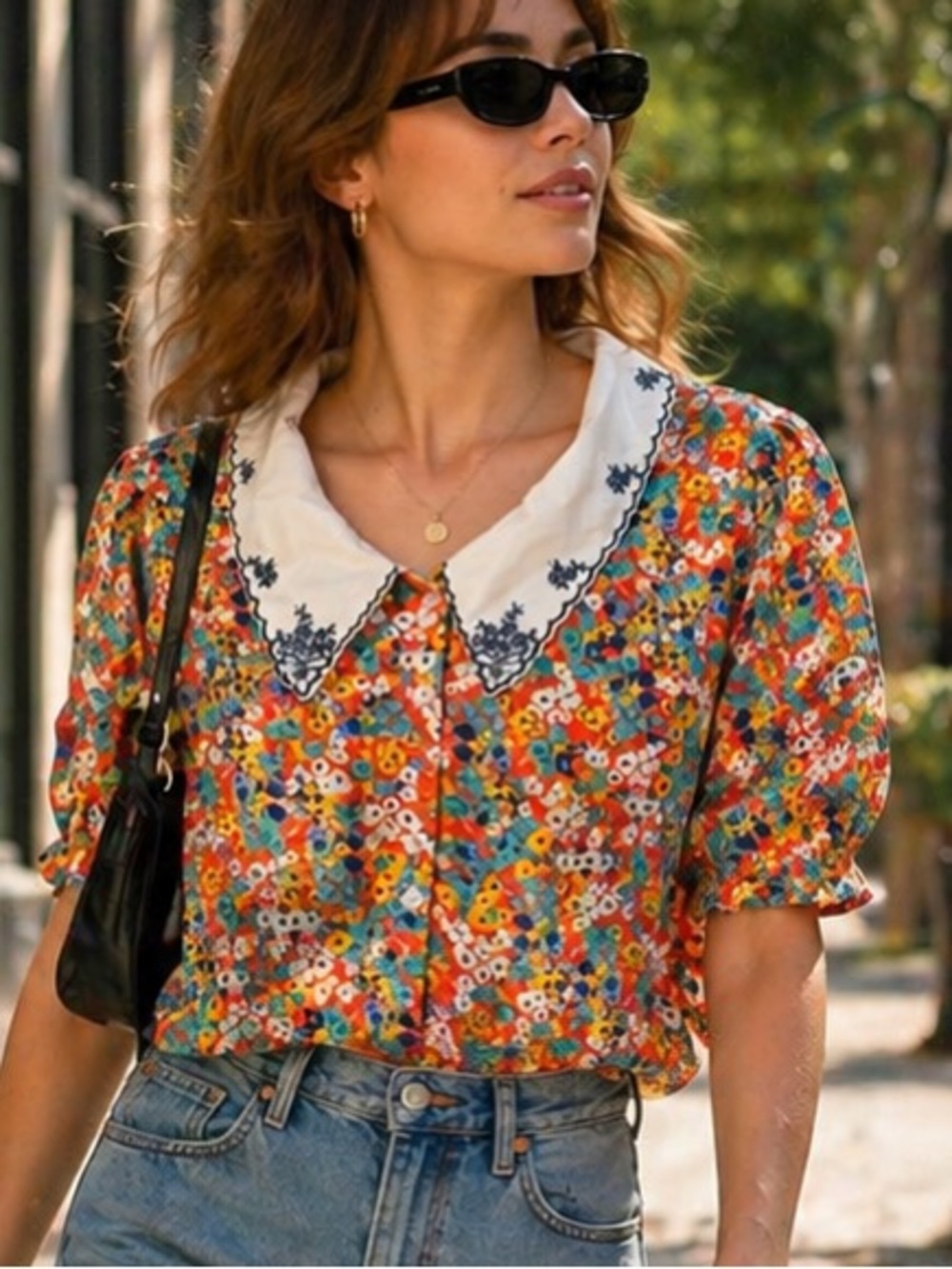 Nasty Gal Floral Crop Blouse Embroidered Peter Pan Collar Cottagecore Top Medium